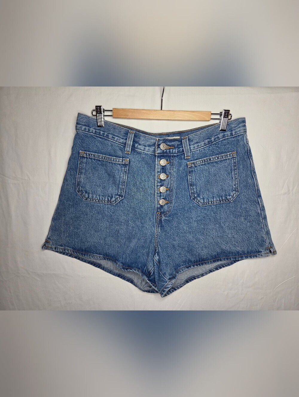 High-Rise Button-Fly Denim Shorts - Blue